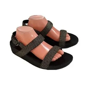 FitFlop Lottie Women's Sz 11 Glitter Stripe Back-Strap Comfort Sandals  Black Mul